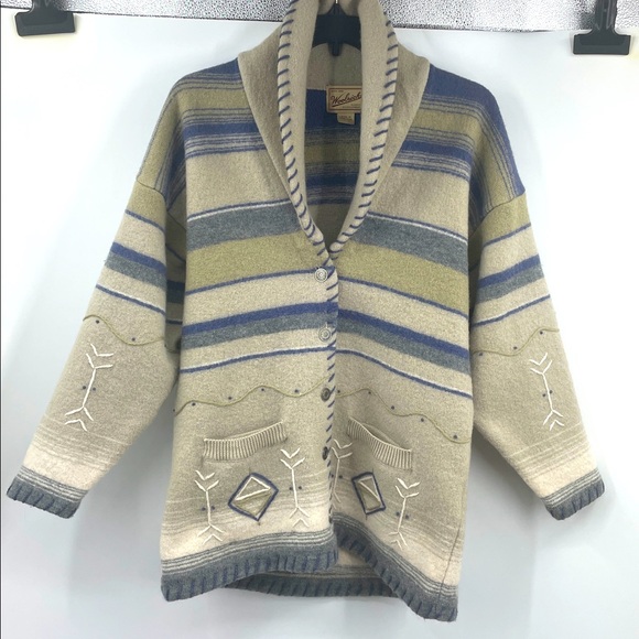 Vintage 80s Woolrich Aztec 100% Wool Southwestern Cardigan Coat Size Large - Picture 1 of 10